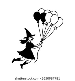 A witch flying with balloons against a Halloween cartoon