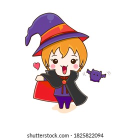 The witch and flying bat. Vector illustration of cute chibi character isolated on white background.