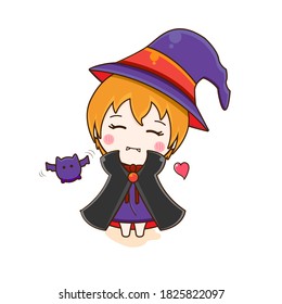 The witch and flying bat. Vector illustration of cute chibi character isolated on white background.