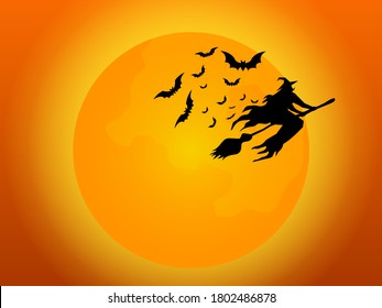 witch flying with bats and full moon in halloween night cartoon vector illustration