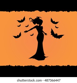 Witch flying with bats vector illustration, isolated, flat icon, silhouette, Halloween, black and orange