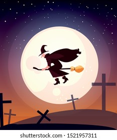 witch flying with broom in cemetery scene vector illustration design