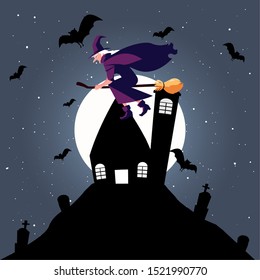 witch flying with broom in cemetery scene vector illustration design