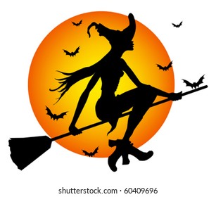Witch flying in a broom in front of the moon