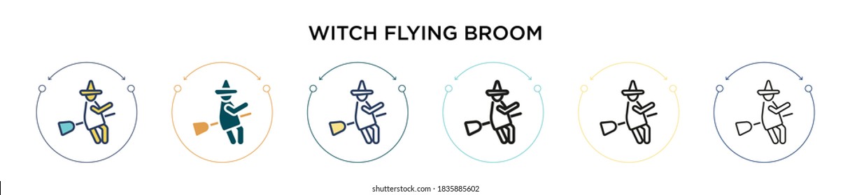 Witch flying broom icon in filled, thin line, outline and stroke style. Vector illustration of two colored and black witch flying broom vector icons designs can be used for mobile, ui, web