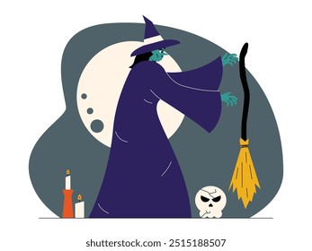 Witch flying broom at night in wild room, spooky vector illustration.