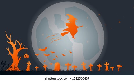 Witch flying with broom on tomb and full moon background in Halloween night