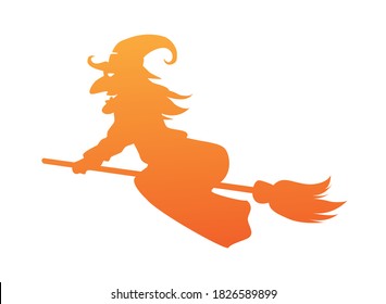 witch flying in broom orange silhouette icon vector illustration design