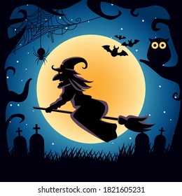 witch flying in broom with owl and bats night scene vector illustration design