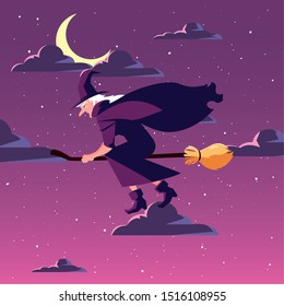 witch flying with broom in scene of halloween