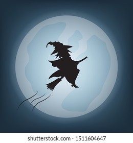 Witch flying with broom silhouetted on moon background in Halloween night illustration vector