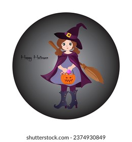 witch with flying broomstick and black cat halloween decoration