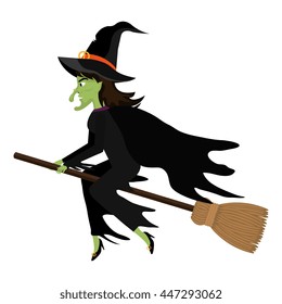 Witch flying with broomstick cartoon silhouette, vector illustration.