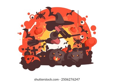 Witch Flying Broomstick Halloween Scene. Vector illustration with spooky elements like pumpkins, bats, and gravestones.