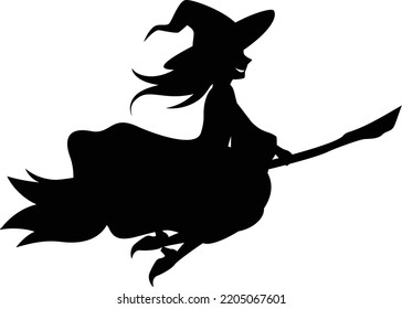 Witch Flying by Broom. Black Silhouette.