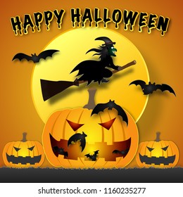 The witch flying in the dark night Halloween and full moon background as happy festival day and party concept. vector illustration.