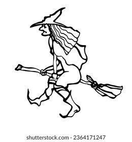 The witch is flying to the Halloween party. The witch is flying on a broom. Silhouette, outline of a witch flying on a broom. Isolated drawing. A caricature of a woman. A fabulous character for Hallow