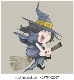 the witch is flying with her broom
