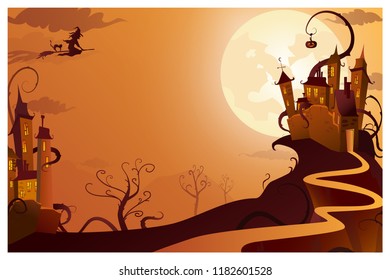 Witch flying to mysterious house vector illustration. Full moon against gothic castle, picture in orange color. Halloween concept