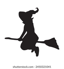 Witch flying in the night, simple Halloween party Hand drawn silhouette drawing decoration. Hand drawn woman flying on a broom like sorcerer logo detail. Scary girl witchcraft pen drawing symbol.