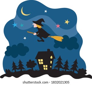 
A witch flying in the night sky on a broom