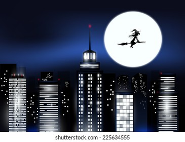 Witch flying in the night sky on the background of night city. Vector eps 10