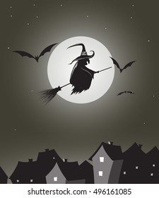 Witch flying on besom in the night at full moon.Vintage vector illustration.Halloween holiday