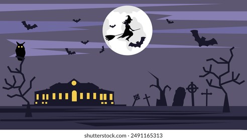 Witch Flying on a Broom Above Dark Mansion and Graveyard with Barren Trees. Scary landscapes and seasonal national holiday concept vector