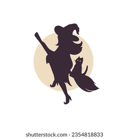 Witch flying on broom with black cat silhouette on full moon background, vector hand drawn art