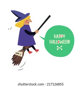 Witch flying on broom and bubble for text. Colorful vector illustration isolated on white