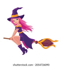 Witch flying on broom. Cartoon vector illustration