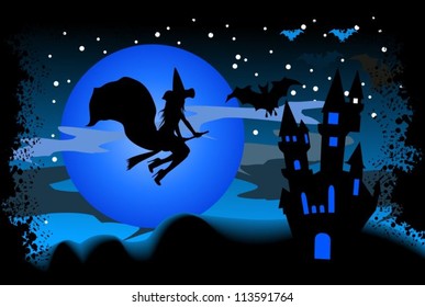 Witch flying on a broom to the castle