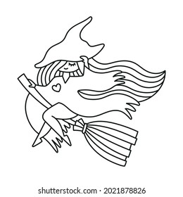 Witch flying on the broom. Cute sorcery girl wearing a witchy hat. otline vector illustrations. Coloring page