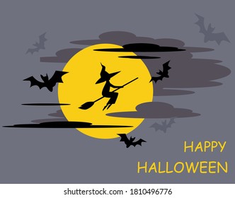  Witch flying on a broom. Full moon night. Happy halloween background. Silhouette in the sky.