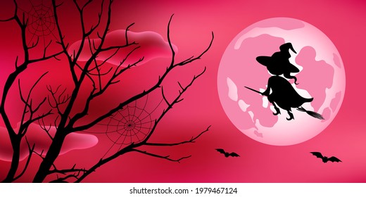 Witch flying on broom on full moon background. Vector illustration.