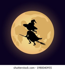 Witch flying on broom on full moon background. Vector illustration.