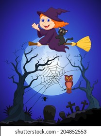 The witch flying on a broom on a full moon over the cemetery