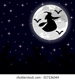 witch flying on a broom on a full moon in the forest
