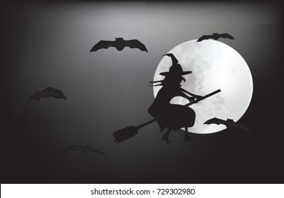 Witch flying on a broom on a full moon, vector illustration