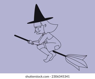 Witch flying on broom. Halloween character in outline style.