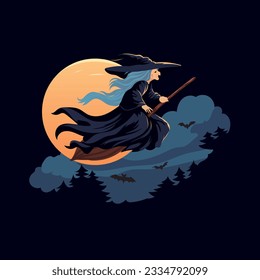 Witch flying on broom on Halloween night cartoon vector illustration.