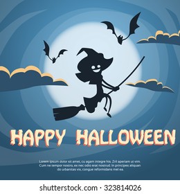 Witch Flying on Broom Halloween Costume Cartoon Character Flat Vector Illustration