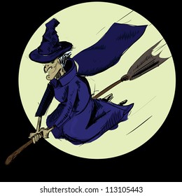 Witch flying on the broom. Hand drawing sketch vector illustration