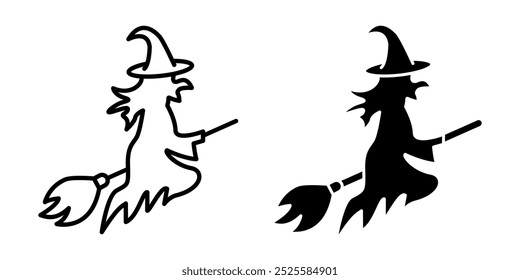 Witch flying on a broom icon. Halloween witch with broom vector illustration. Sorceress silhouette. Female magician carnival costume. Enchantress broomstick and hat symbol. Witchcraft wizard character