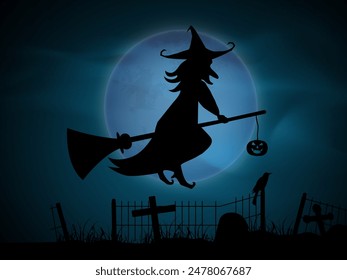 Witch flying on broom with jack-o-lantern over blue cemetery background for Halloween party.