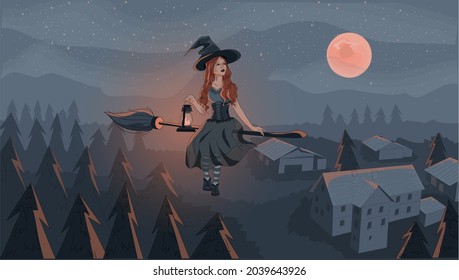 Witch flying on the broom with a lantern above the small town at night. Watercolor brushes, bird's eye view of the forest and town.