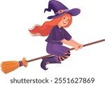 Witch flying on broom. Magic girl cartoon character isolated on white background