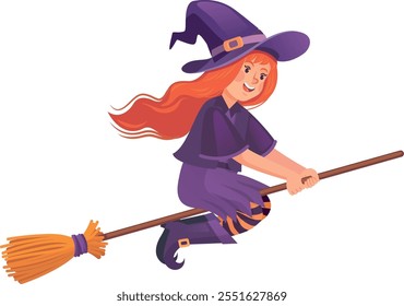 Witch flying on broom. Magic girl cartoon character isolated on white background