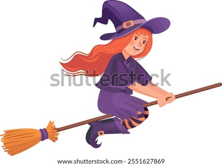 Witch flying on broom. Magic girl cartoon character isolated on white background