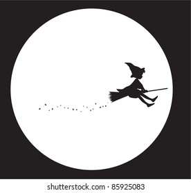 Witch flying on broom moon background